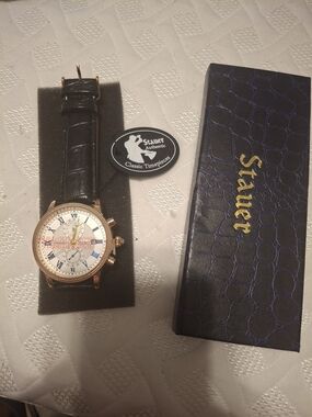 Stauer Women's Rose Gold Case Black Leather Strap Watch